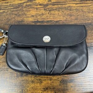 Coach Black Leather Gathered Bottom Clutch Wristlet strap Leather wallet
